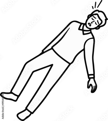 Line art of a man collapsing, head tilted back, eyes closed, body limp