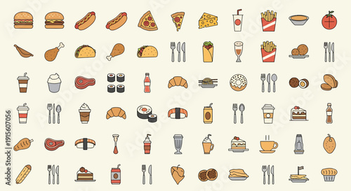 Collection of assorted food and drink icons displayed on a neutral background from a straightforward viewpoint.