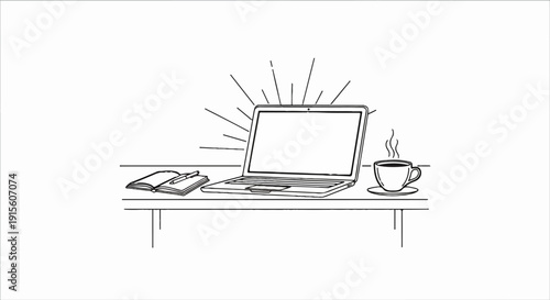 Laptop, open notebook with pen, and steaming coffee cup on a table