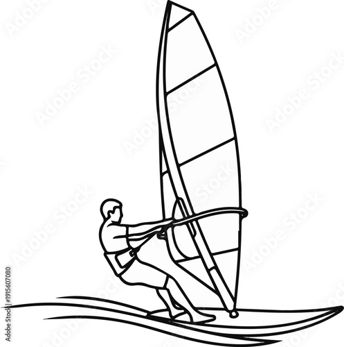 Line art of a person windsurfing across rippling water