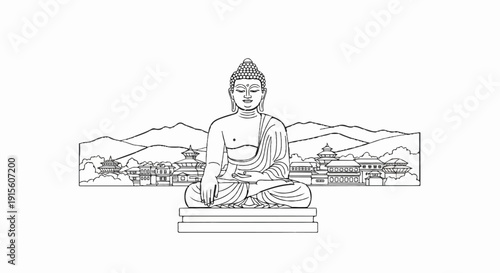 Large Buddha statue sits in meditation before a mountainous landscape and temple structures