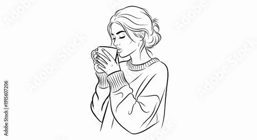 Line art of a woman with her eyes closed, enjoying a warm beverage