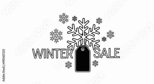 Large snowflake and tag adorn bold winter sale text with falling flakes