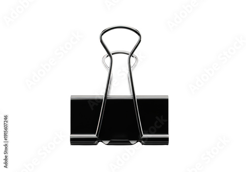 Black metal binder paper clip standing upright on transparent background