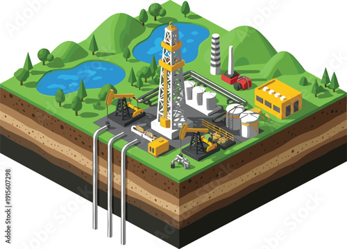 Isometric oil drilling field with pumpjacks refinery tanks and underground layers, energy extraction industrial landscape vector illustration