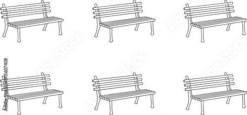 Silhouettes of park benches with slatted backrests and seats, vector illustration for outdoor seating, garden design, and public furniture themes