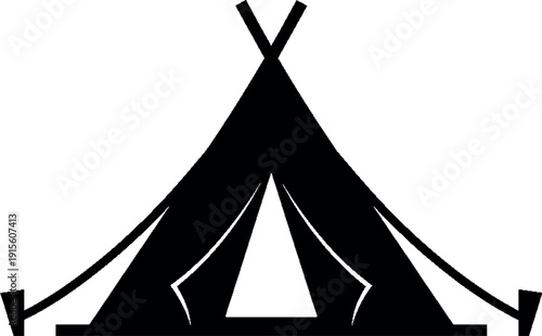 A black and white illustration of a traditional teepee with geometric patterns