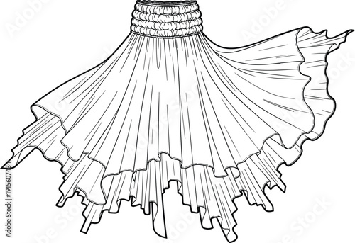 Technical Fashion Sketch of a Flowy Layered Skirt Featuring a High Smocked Elastic Waistband and Handkerchief Hemline for Design Development