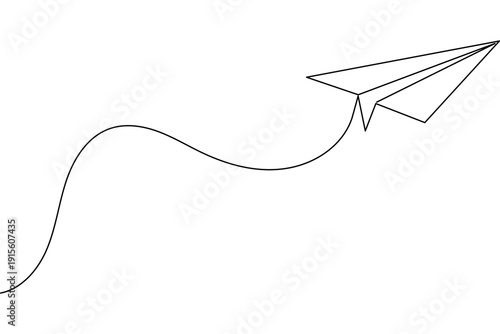 Minimalist one line art of a paper airplane flying on white background