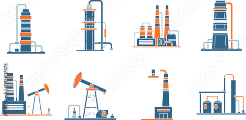 Oil refinery and petrochemical industry icons set, factory plant pumpjack energy production isolated vector illustration collection