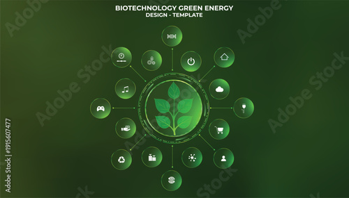 Biotechnology Green Energy Growing Plant with Sixteen Buttons Options Glassmorphism Style Futuristic Technology Ecology Concept. Design with frosted translucent glass effects, subtle neon glows, glass