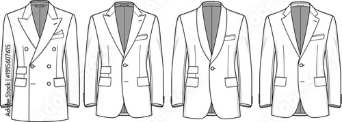 Technical Fashion Sketch Set Featuring Men's Tailored Blazers with Double Breasted Peak and Shawl Lapel Designs Front View Flat Drawings