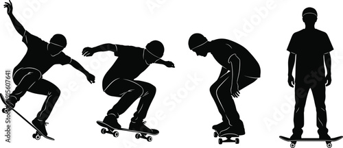 Silhouette sequence of skateboarder performing ollie trick progression isolated on white background, urban street sport action set, dynamic motion illustration, youth culture concept design.