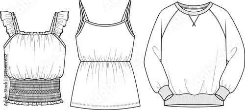 Technical Fashion Sketch Set Featuring Women's Smocked Crop Top Spaghetti Strap Cami and Raglan Sleeve Sweatshirt Front View Flat Vector Drawings