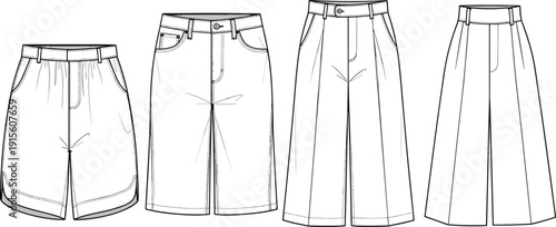 Technical Fashion Sketch Vector Set Featuring Women Shorts Bermuda Culottes and Wide Leg Trousers Front View Flat Drawings for Design