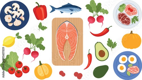Fresh Salmon Steak with Healthy Vegetables Eggs and Avocado Balanced Diet Food Vector Illustration Set