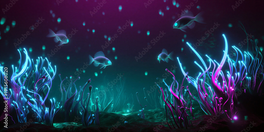 Fototapeta premium Glowing underwater scene with colorful coral and fish in deep ocean