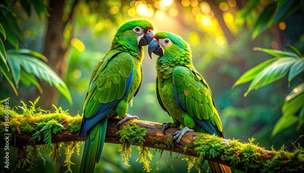 Obraz premium Two vibrant green parrots perched on a mossy branch in a lush forest, viewed from a slight angle, showcasing their beaks and feathers in a serene natural setting.