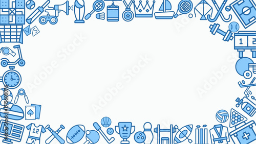 Blue sports equipment frame banner, card design featuring a vector border pattern Healthy fit lifestyle icons set in a creative business web illustration for postcard, poster, flyer, social media, ads