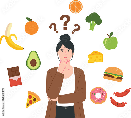 Woman Thinking About Healthy and Junk Food Choice Diet Nutrition Decision Making Concept Vector Illustration