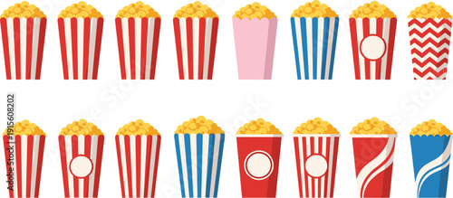 Vector illustration set of 16 colorful popcorn buckets and boxes with various patterns for cinema and carnival।