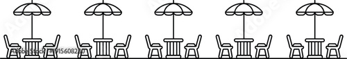 Silhouettes of patio tables with umbrellas and chairs, vector illustration for outdoor dining, garden decor, café seating, and landscape design themes