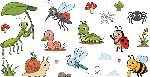 Cute insect cartoon sticker set with bee, ladybug, snail, caterpillar, spider