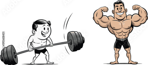 Cartoon bodybuilding transformation character vector illustration showing skinny man lifting weights and muscular athlete posing, fitness motivation concept isolated retro comic style design set