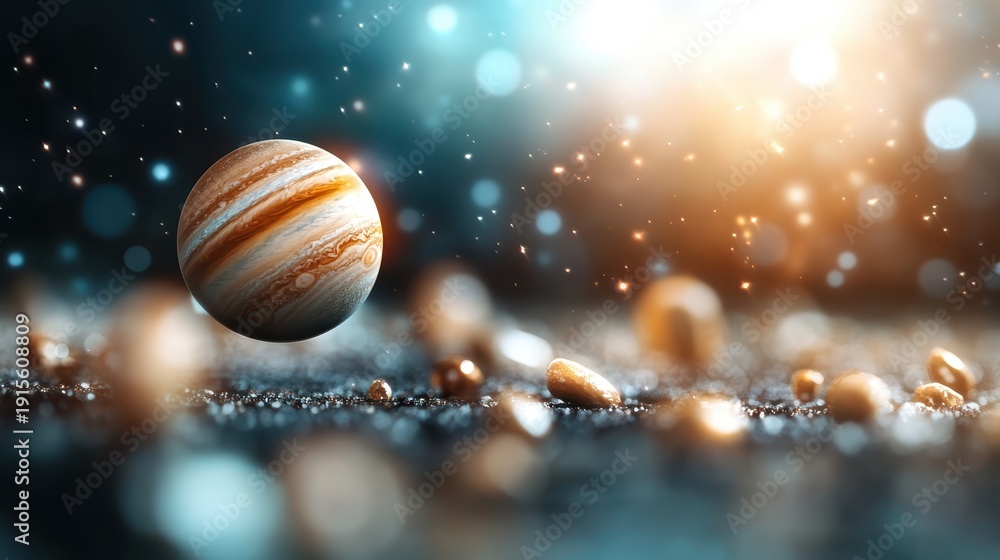 Fototapeta premium An artistic representation of Jupiter, the largest planet in our solar system, beautifully rendered amid shimmering cosmic elements that depict the vastness of space and wonder.