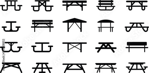 Silhouettes of picnic tables with varied designs, benches, and umbrellas, vector illustration for outdoor seating, park furniture, and landscape planning themes