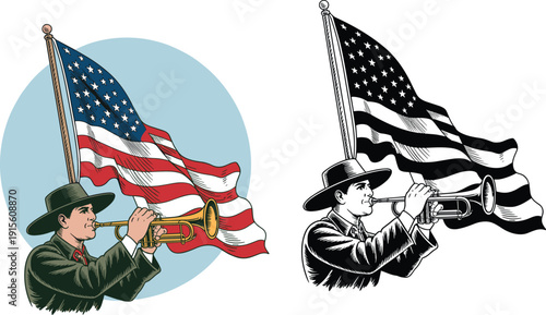 Vintage style trumpeter playing with American flag background vector illustration, patriotic musician character in retro engraving comic style isolated colored and black white versions