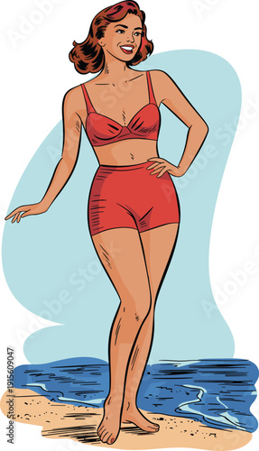 Vintage retro pin up style woman in red swimsuit standing on beach, classic summer fashion vector illustration isolated nostalgic comic style character design