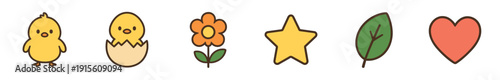 Chick, flower, star, leaf, and heart shapes on a simple background show fun designs for decorations and art for kids and events