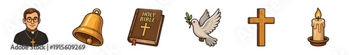 Icons of faith showing a priest, Bible, dove, cross, candle, and bell in a religious setting