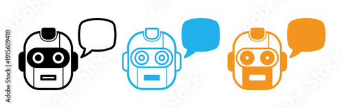 Three robots with speech bubbles in black blue and orange