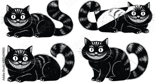 Cheshire Cat Grinning Character Set, Spooky Halloween Feline Illustration, Smiling Black Cat Vector Graphics for Fantasy and Whimsical Design Projects - flavector