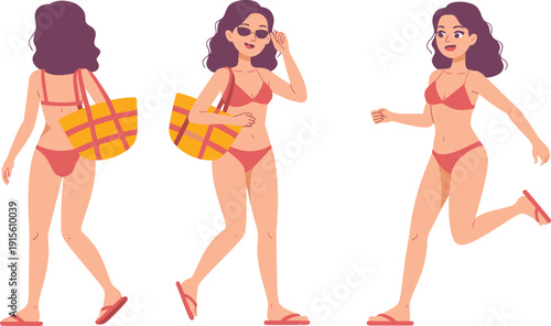 Vector illustration of stylish young woman in bikini walking on beach with tote bag, summer vacation fashion character poses isolated flat cartoon design
