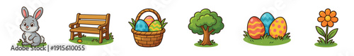 Cute bunny, colorful eggs, and spring items in a sunny outdoor scene for Easter celebration