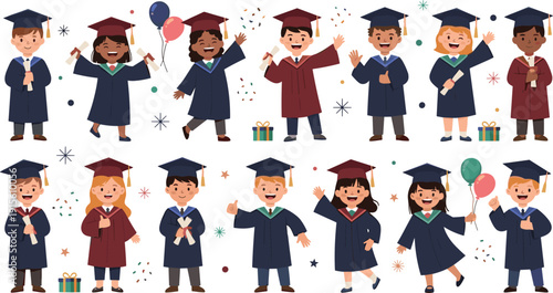 Happy graduation kids characters set in caps and gowns with confetti isolated