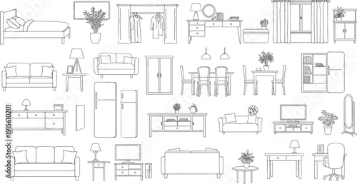 Collection of stylish and modern line drawings of home furniture including sofa, bed, dresser, table, wardrobe, kitchen appliance, plant pot, lamp, and office decor
