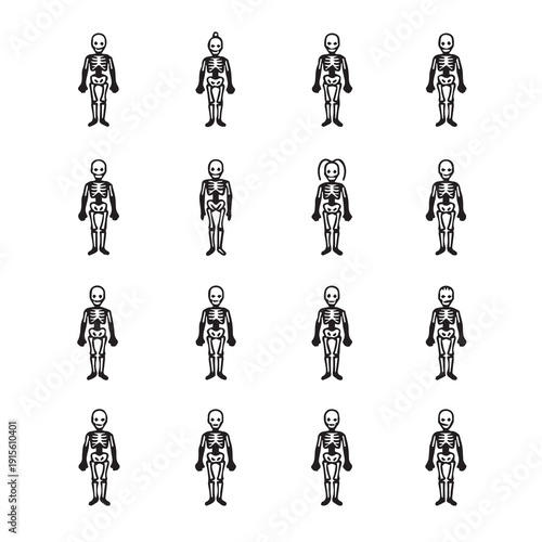 Set of diverse skeleton icons with slight variations, isolated on white background