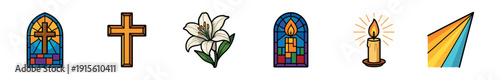 Stained glass symbols and religious icons in bright colors with a cross, flower, and candle design representing spiritual themes