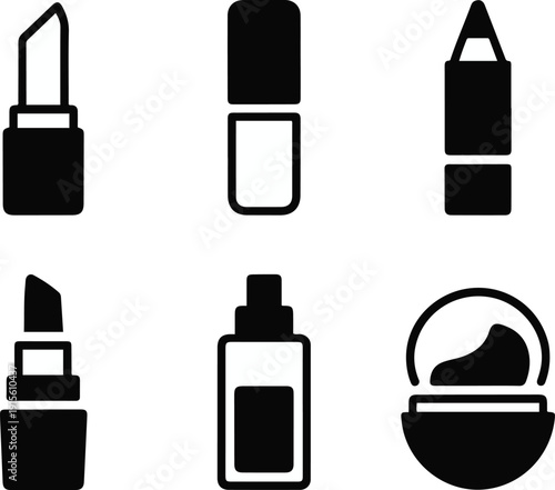 Six black icons of makeup products on a white background