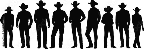 Western cowboy silhouette lineup, ranch people standing poses collection, country lifestyle characters with hats, isolated black silhouettes for western design, rustic vector illustration set