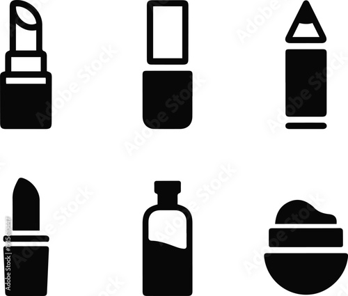 Six black icons of makeup products on a white background