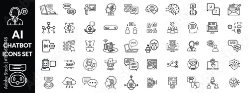 Chatbot set of web icons in line style. A collection of linear icons representing key Chatbot concepts, including a robot head with a headset, chatbot on a laptop, speech bubbles, Editable stroke 