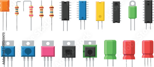 Vector illustration set of 20 electronic components including resistors, capacitors, transistors, and integrated circuits for circuit design
