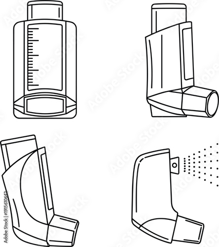 Vector line illustration set of 4 asthma inhaler devices, medical spray, and respiratory health care equipment