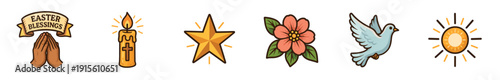 Easter symbols including blessings, candle, star, flower, dove, and sun with a focus on celebration and renewal