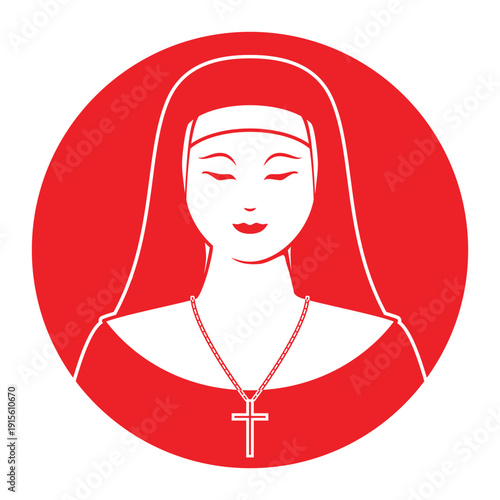Line art illustration vector of beautiful lady dress in Christian nun formal uniform drawing in red and white